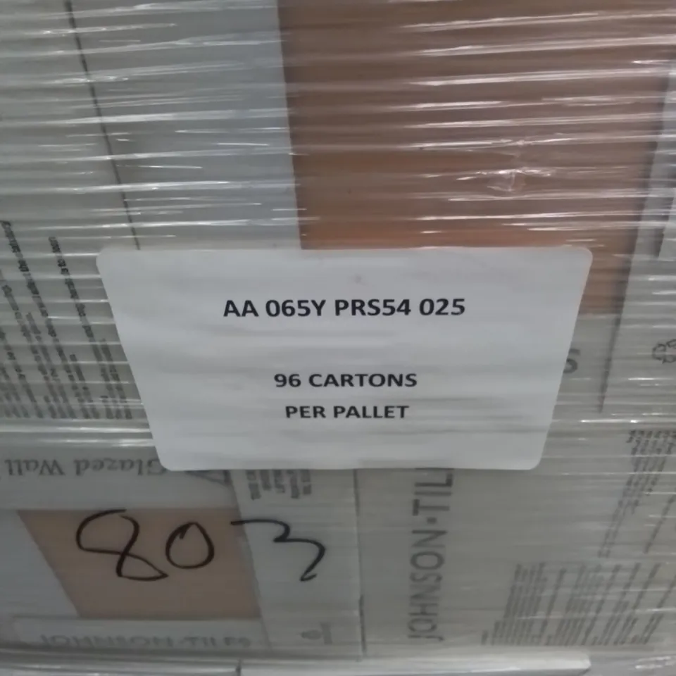 PALLET TO CONTAIN APPROX 96 X PACKS OF JOHNSON BRAND NEW PRISMATIC GLAZED WALL TILES IN PAPAYA SATIN - 25 TILES PER BOX // TILE SIZE: 197 X 197 X 6.5mm