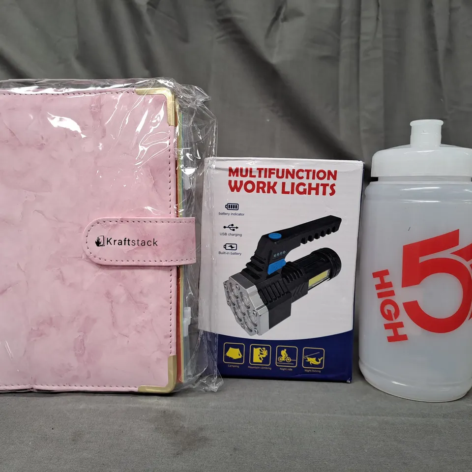 BOX OF APPROXIMATELY 20 ASSORTED HOUSEHOLD ITEMS TO INCLUDE KRAFTSTACK BUDGET BINDER, MULTIFUNCTION WORK LIGHTS, HIGH 5 WATER BOTTLE, ETC