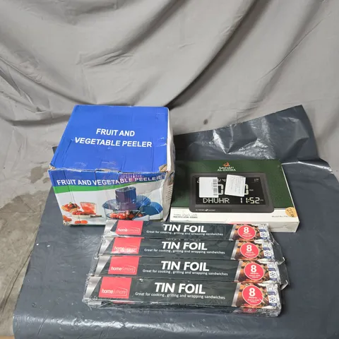 BOX OF APPROXIMATELY 20 ASSORTED ITEMS TO INCLUDE TIN FOIL, FRUIT AND VEG PEELER, AZAN CLOCK ETC