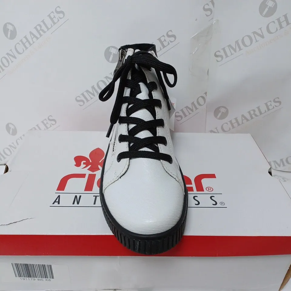 BOXED PAIR OF RIEKER HIGH TOP CUFFED TRAINERS WHITE SIZE 6