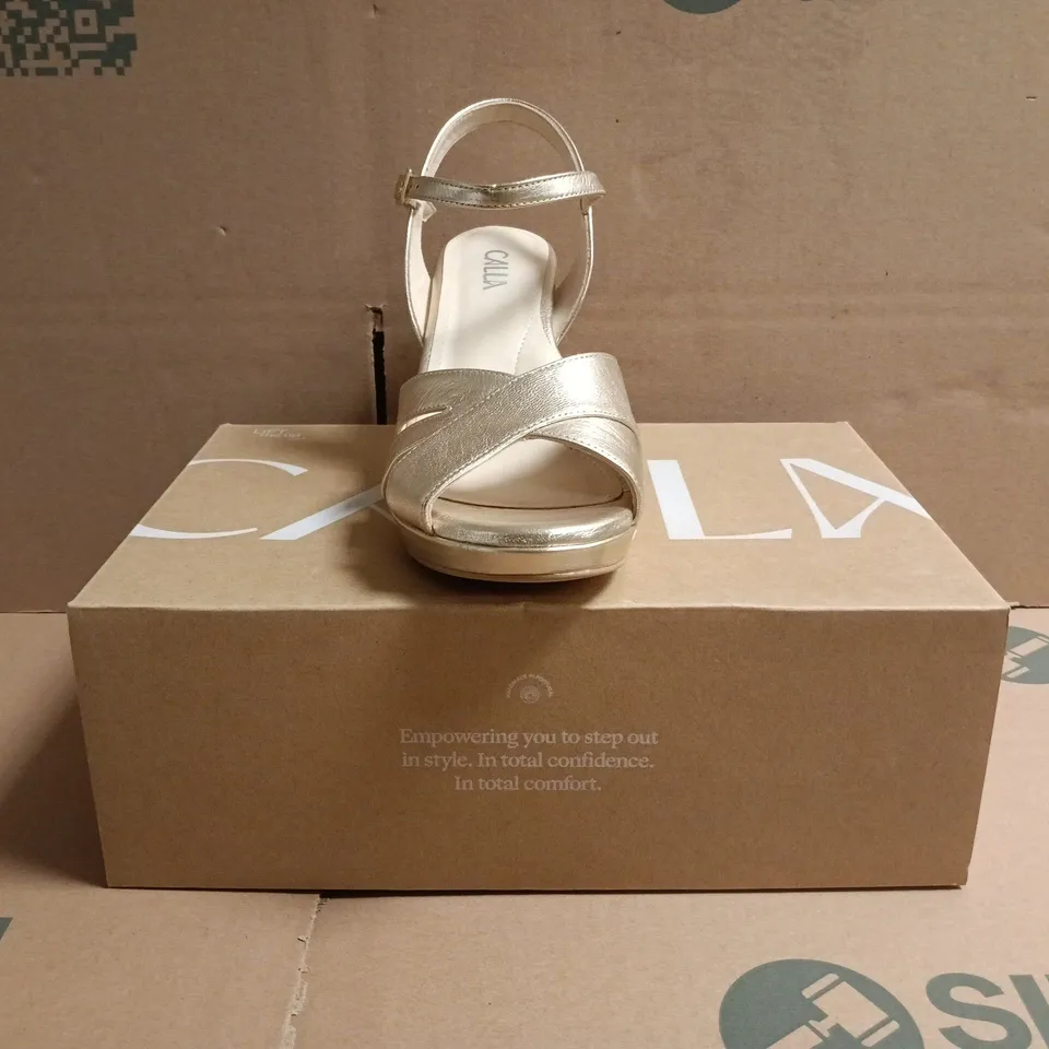 BOXED PAIR OF CALLA EMILY II OPEN TOE STILETTO HEELS IN CHAMPAGNE SIZE EU 39.5