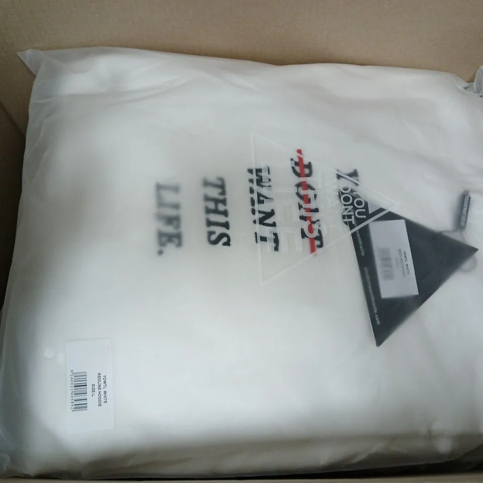 BOX OF APPROXIMATELY 8 YOU DON'T WANT THIS LIFE REDLINE HOODIES IN WHITE SIZE L