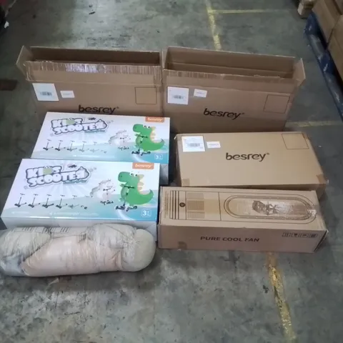 PALLET OF ASSORTED ITEMS TO INCLUDE: BESREY KIDS SCOOTERS, PURE COOL FAN, PET BED ECT