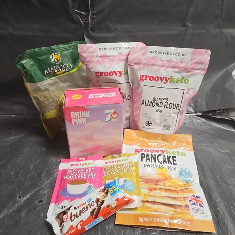 APPROXIMATELY 10 ASSORTED FOOD ITEMS TO INCLUDE - GROOVYKETO BLANCHED ALMOND FLOUR - KINDER BUENO - 7UP DRINK PINK - ETC