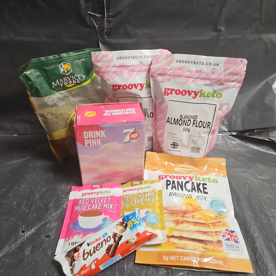 APPROXIMATELY 10 ASSORTED FOOD ITEMS TO INCLUDE - GROOVYKETO BLANCHED ALMOND FLOUR - KINDER BUENO - 7UP DRINK PINK - ETC