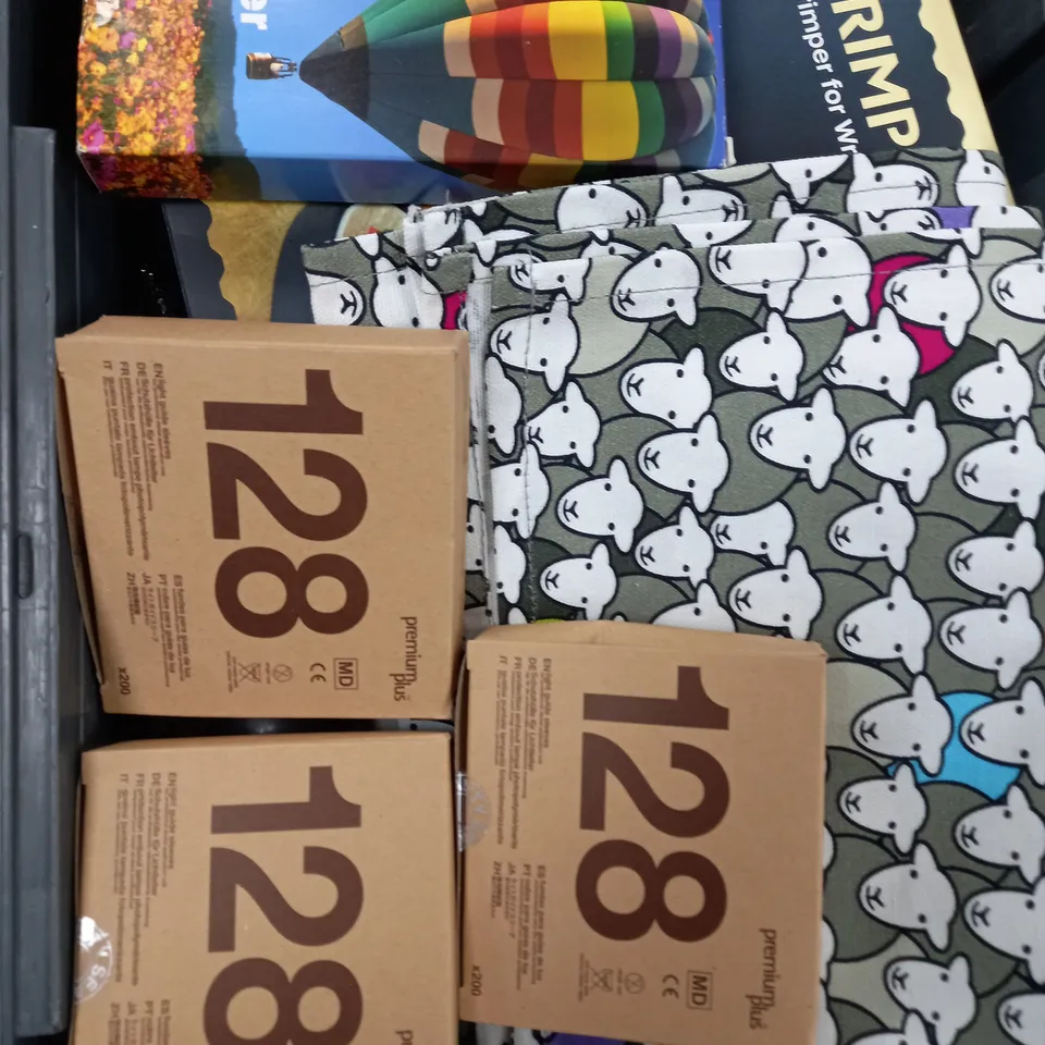 BOX OF APPROXIMATELY 10 ASSORTED ITEMS TO INCLUDE - SHEEP TEA TOWEL, CRIMPIT, PHOTO PAPER ETC