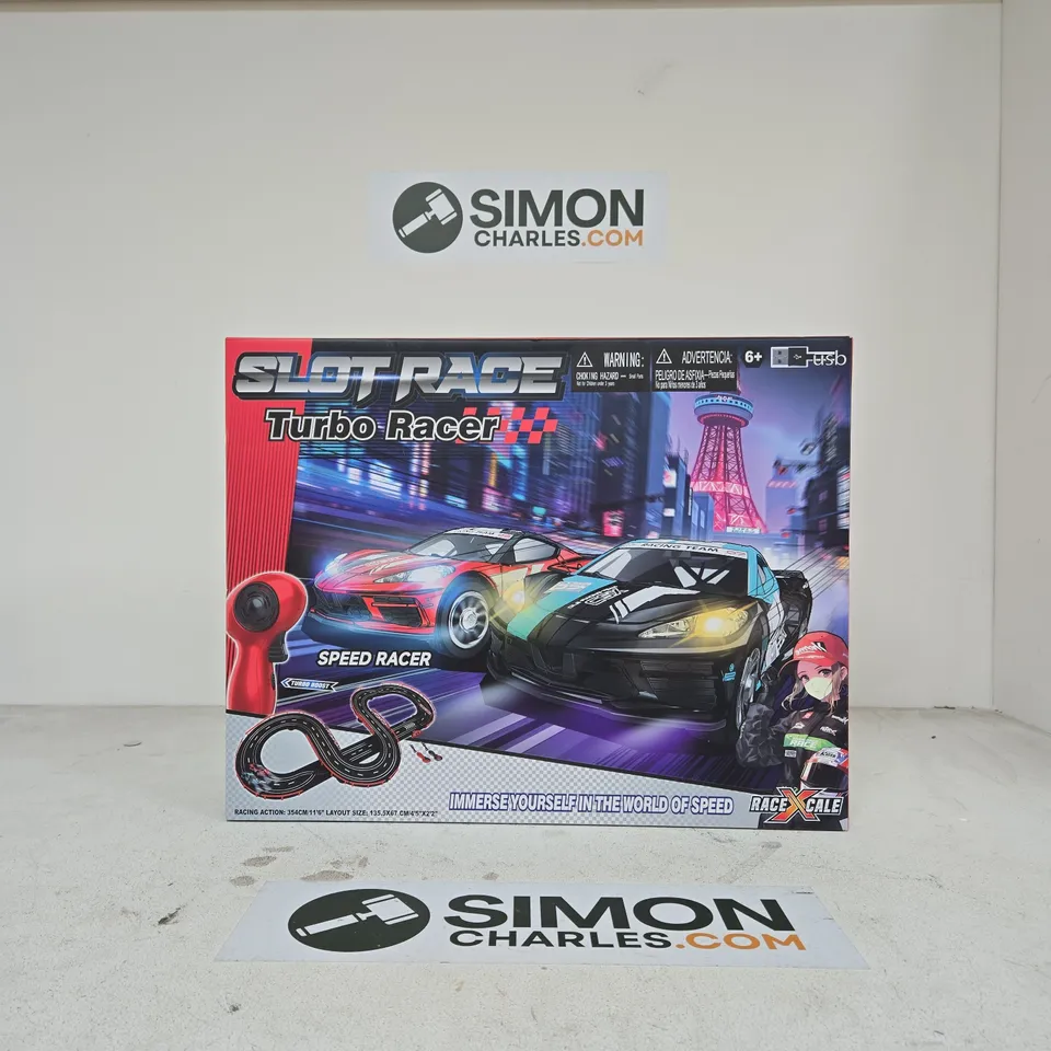 SLOT RACE TURBO RACER TOY CAR SET WITH TRACK – BOXED