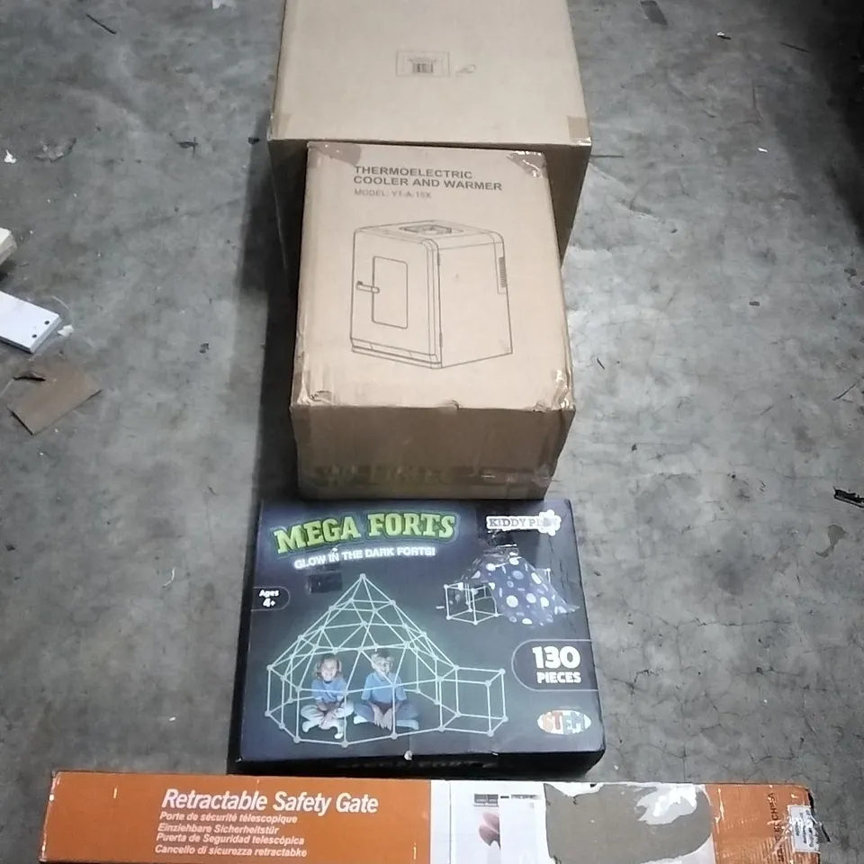 PALLET OF HOUSEHOLD ITEMS TO INCLUDE MEGA FORTS,RETRACTABLE SAFETY GATE, HIGH TEMPERATURE GRILL,THERMOELECTRIC COOLER AND WARMER AND OTHER ASSORTED...