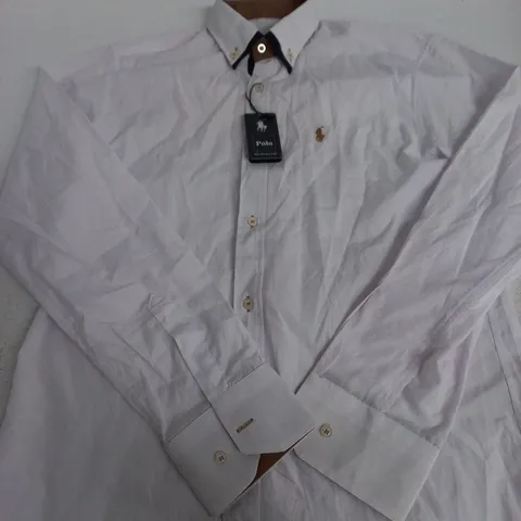 POLO RALPH LAUREN WHITE SHIRT WITH NAVY COLLAR TRIM – SIZE S