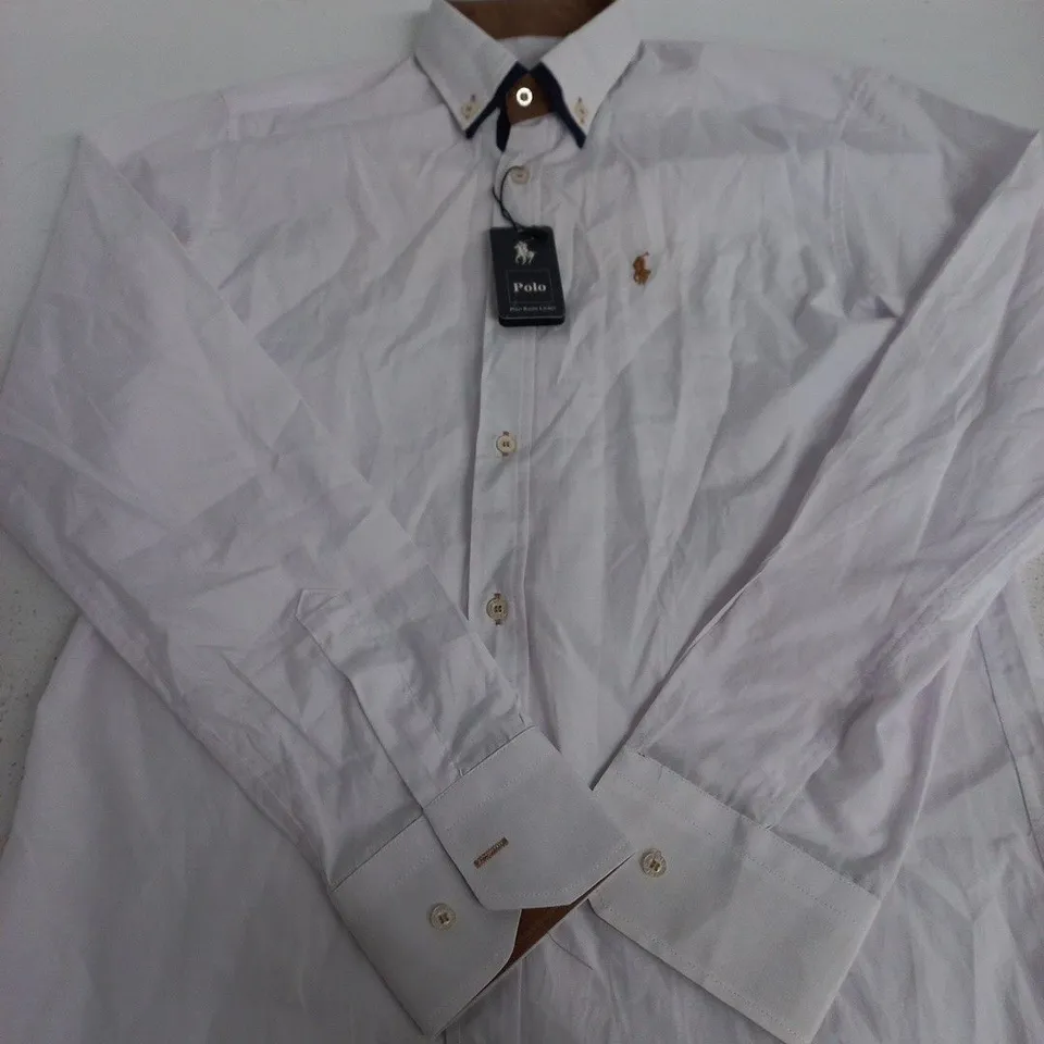 POLO RALPH LAUREN WHITE SHIRT WITH NAVY COLLAR TRIM – SIZE S