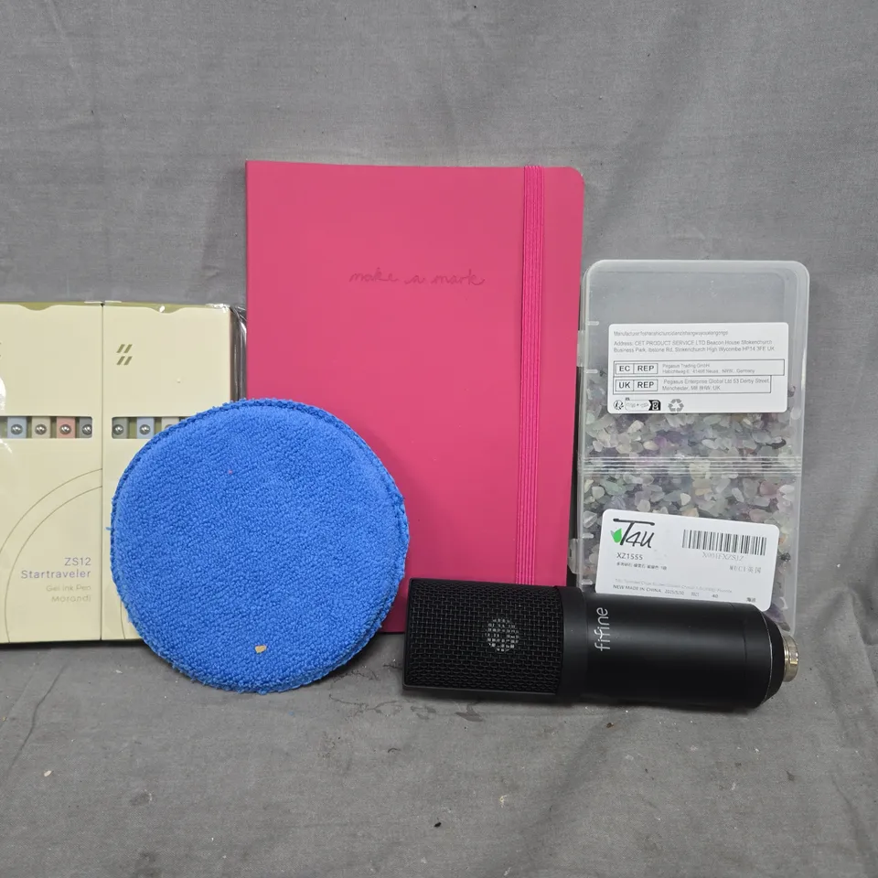 APPROXIMATELY 10 ASSORTED HOUSEHOLD ITEMS TO INCLUDE FIFINE MICROPHONE, NOTEBOOK, ETC