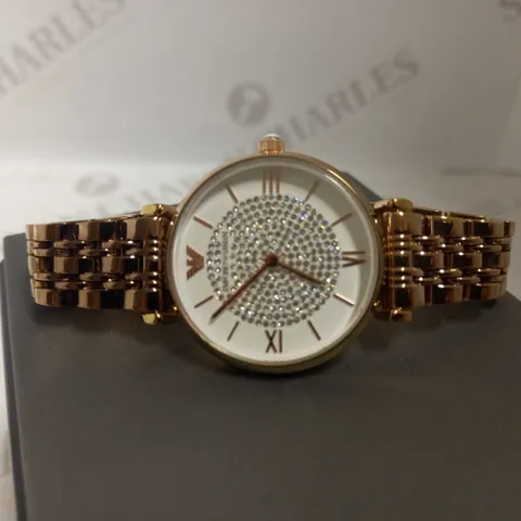EMPORIO ARMANI WOMENS TWO-HAND ROSE GOLD-TONE STAINLESS STEEL WATCH