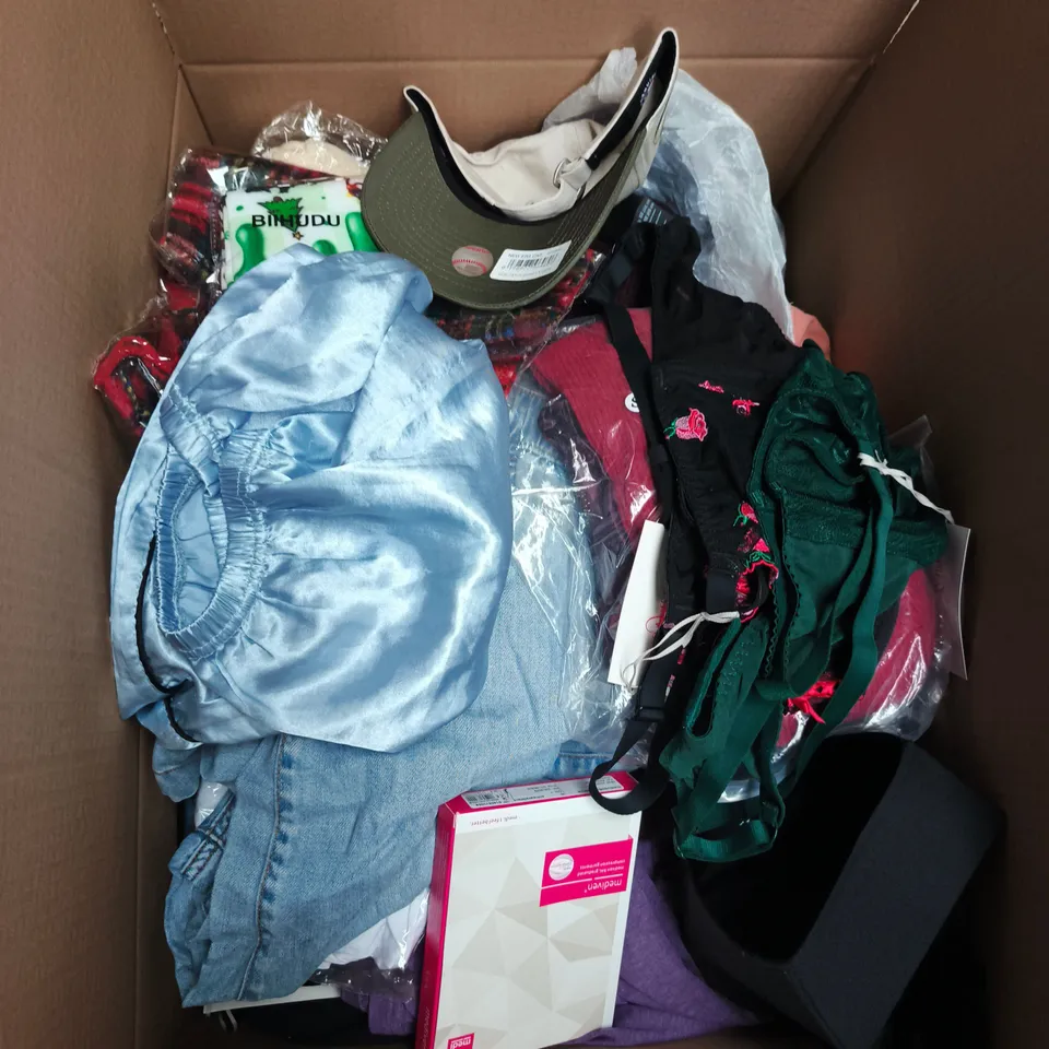LARGE BOX OF APPROXIMATELY 25 ASSORTED CLOTHING ITEMS IN VARIOUS COLOURS, STYLES AND SIZES - COLLECTION ONLY