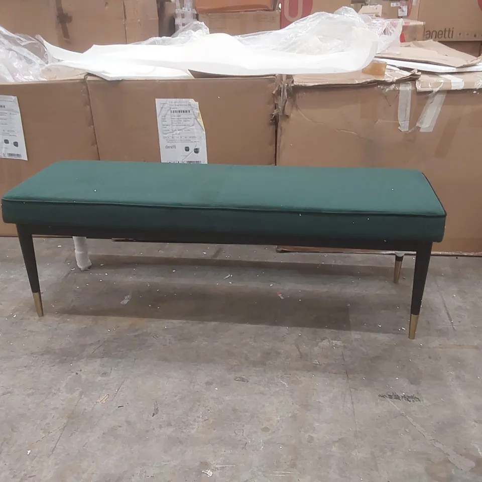 BOXED DANETTI CLOVER DARK GREEN PLUSH VELVET, BLACK WOOD WITH BRASS CAPS BENCH 