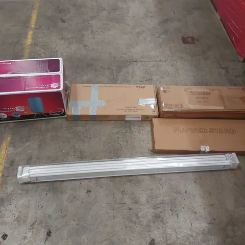 PALLET OF ASSORTED ITEMS INCLUDING: CLOTHES DRYER, MONITOR STAND, SCOOTER, BLINDS, FLOWER STAND ECT