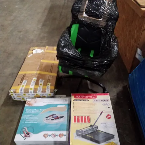 PALLET CONTAINING ASSORTED PRODUCTS TO INCLUDE OFFICE CHAIR, VINYL FLOORING CUTTER, ELECTRIC FOOT MASSAGER, TV CABINET