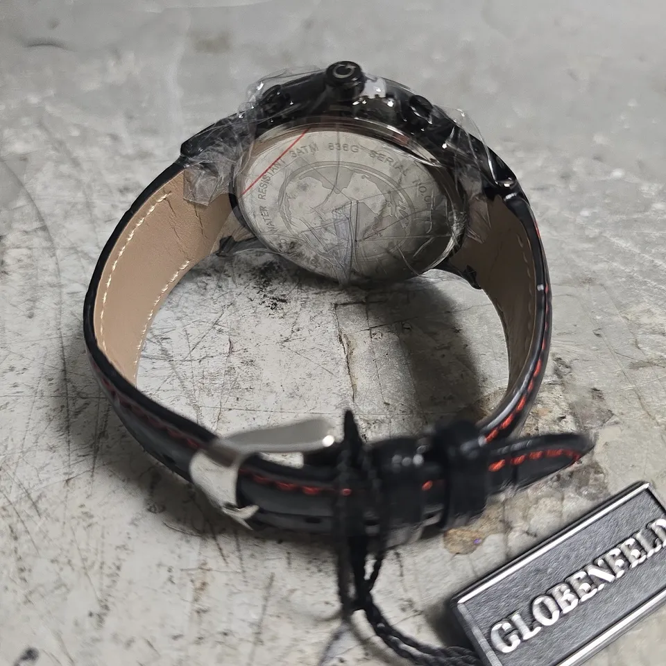 BOXED GLOBENFELD ROMAN CHRONOGRAPH WATCH WITH RED DIAL 