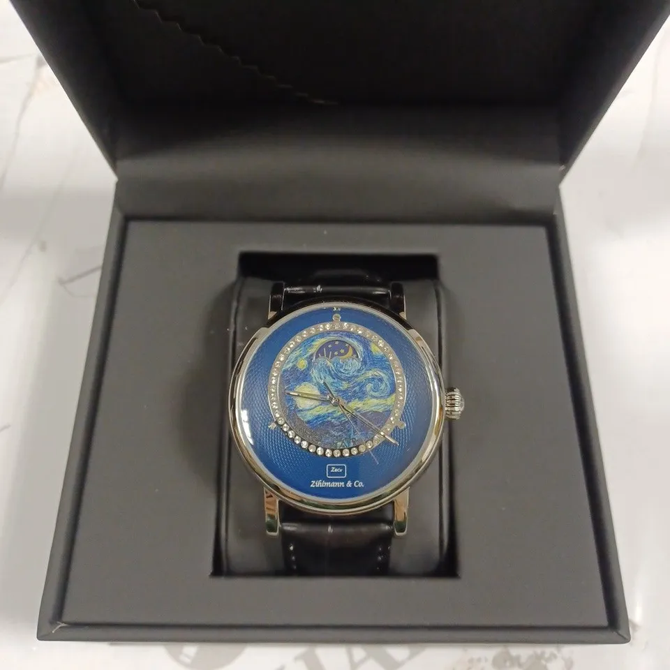 ZIHLMANN & CO AUTOMATIC MOONPHASE DIAL BLACK LEATHER STRAP WRISTWATCH 