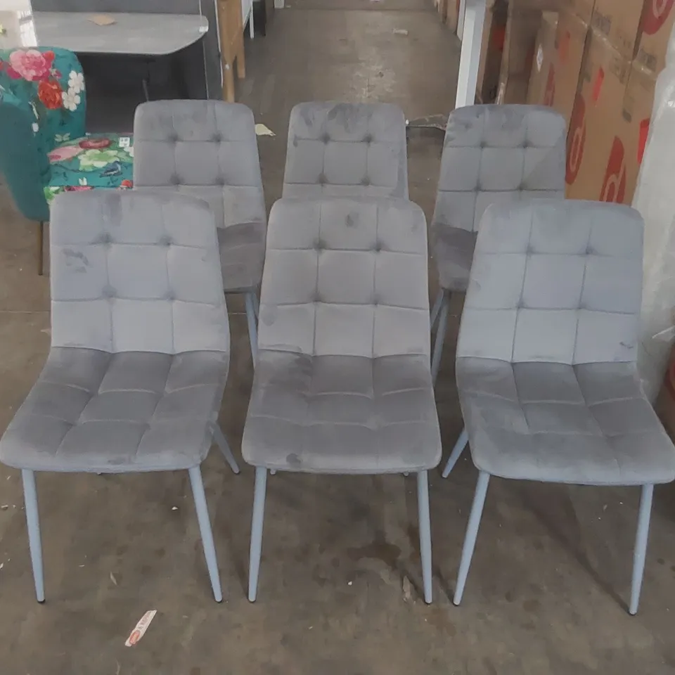 SET OF 6x DESIGNER GREY VELVET UPHOLSTERED DINING CHAIRS