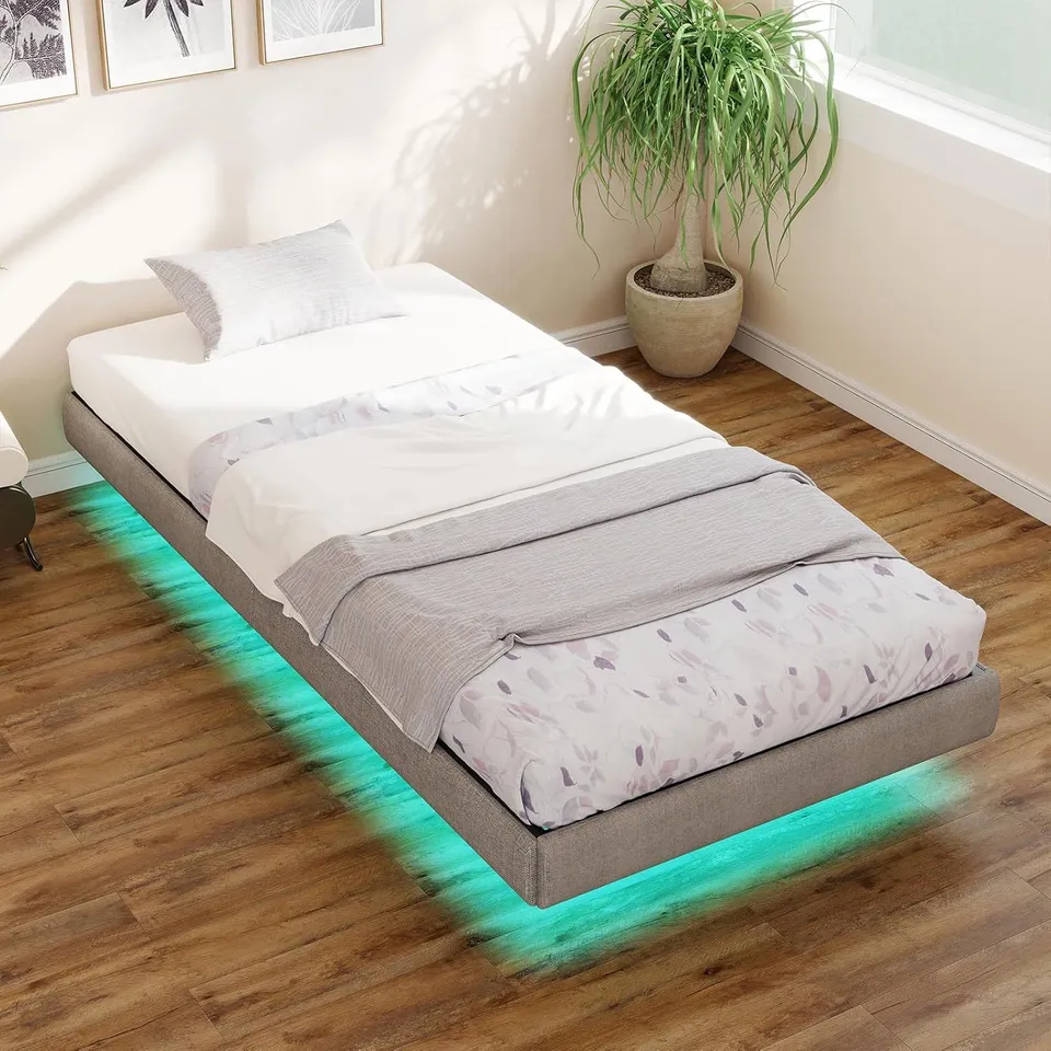 BOXED RVONOW FLOATING 3FT SINGLE BED FRAME WITH LED LIGHTS, 90X190CM METAL PLATFORM BED FRAME WITH UNDER BED STORAGE
