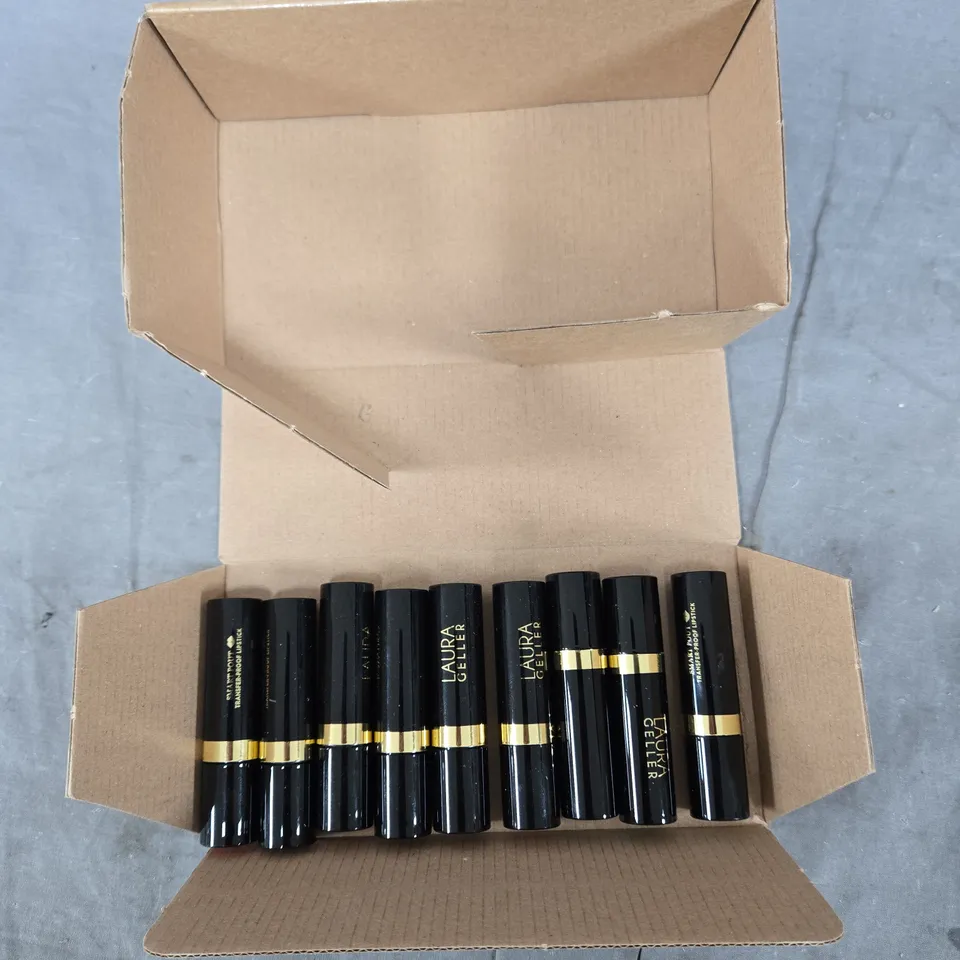 LAURA GELLER LIPSTICK SET IN BLACK TUBES WITH GOLD BANDS – APPROXIMATELY 9