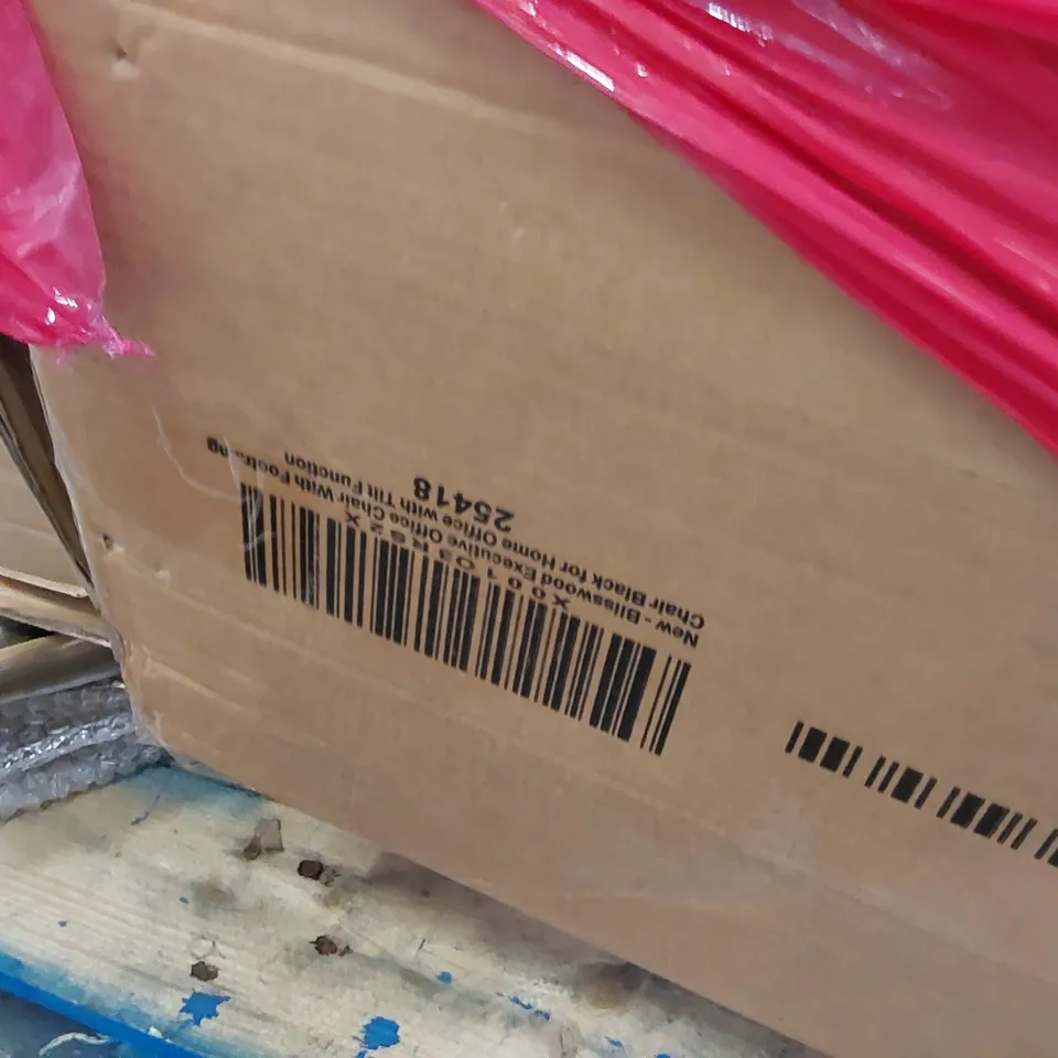 PALLET OF ASSORTED CONSUMER PRODUCTS TO INCLUDE; BLISSWOD EXECUTIVE OFFICE CHAIR, SHELF, DOOR MAT ECT