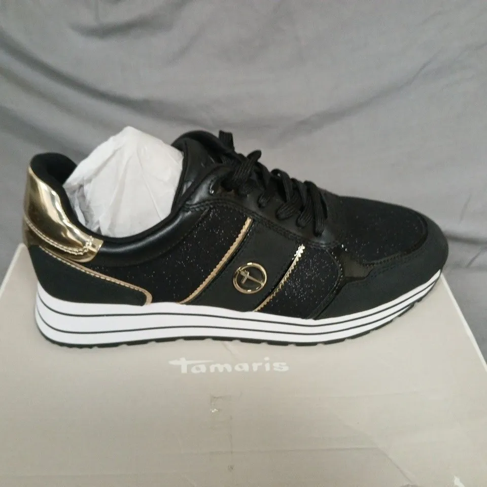 BOXED TAMARIS VEGAN WOMEN'S TRAINERS IN BLACK/GOLD, UK 8 (EU 41, US 10)