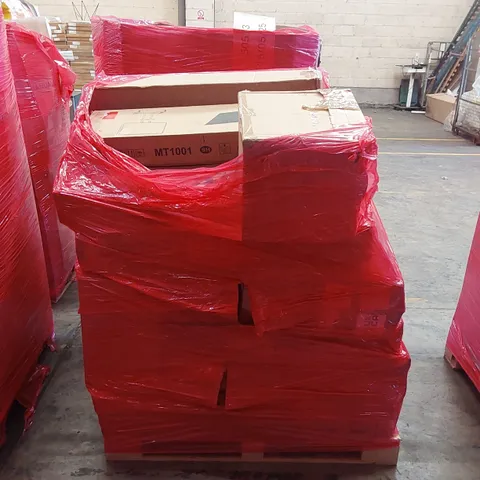 PALLET OF ASSORTED HOUSEHOLD GOODS AND PRODUCTS TO INCLUDE; TV STAND, COOKER HOOD, BOXED FURNITURE ETC