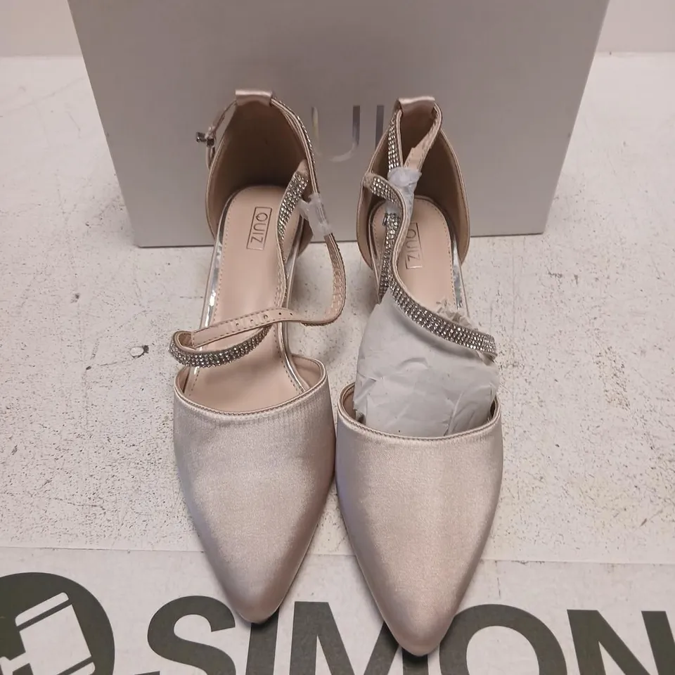 QUIZ CHAMPAGNE SATIN POINTED COURT SHOES WITH RHINESTONE STRAPS, UK 7