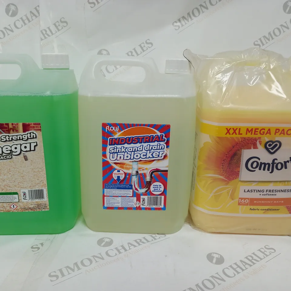 BOX OF APPROX 3 ASSORTED LIQUIDS TO INCLUDE - COMFORT LASTING FRESHNESS - SUPER STRENGTH VINEGAR - SINK AND DRAIN UNBLOCKER 