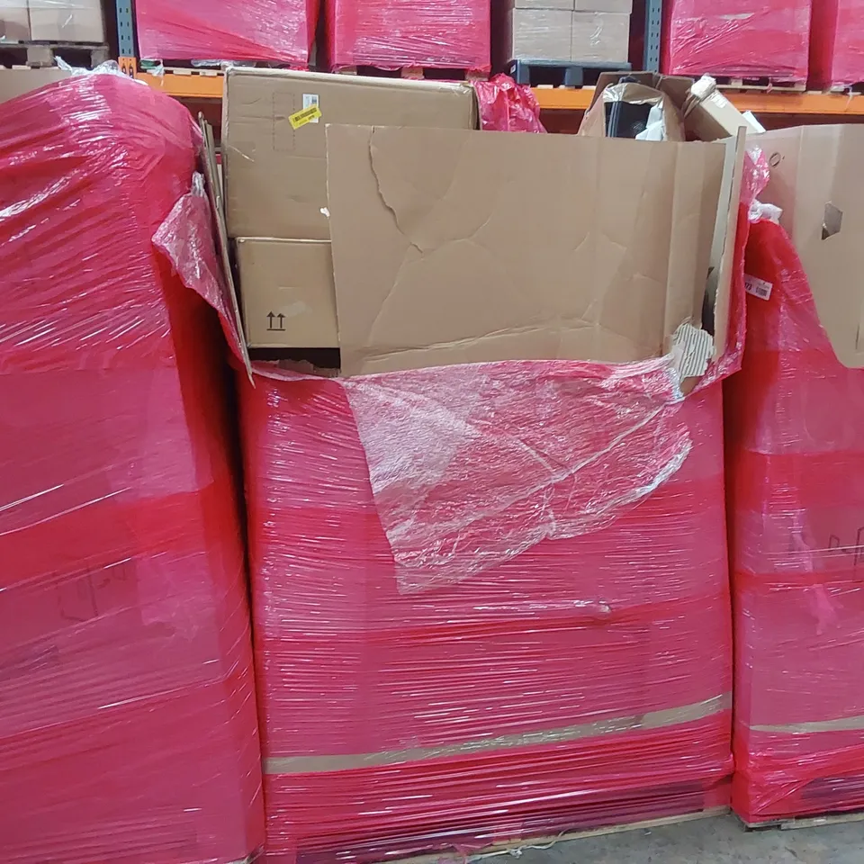 PALLET OF ASSORTED ITEMS INCLUDING: EUREKA VACUUM CLEANER, CEILING FAN LIGHT, DOUBLE STACK AIR FRYER, OFFICE CHAIR, JUICER, INFLATABLE POOLS ECT
