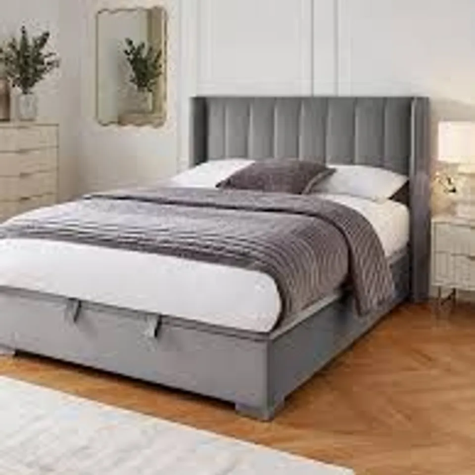BOXED DAKOTA VELVET LIFT UP DOUBLE BED - GREY (5 BOXES)
