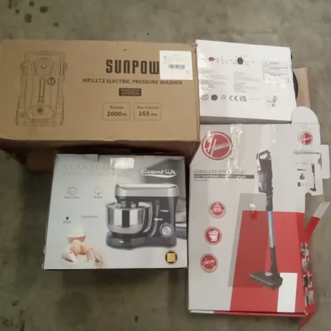 PALLET OF ASSORTED ITEMS INCLUDING HOOVER CORDLESS STICK, SUNPOW ELECTRIC PRESSURE WASHER, ELEGANT LIFE STAND MIXER, BOXING SET