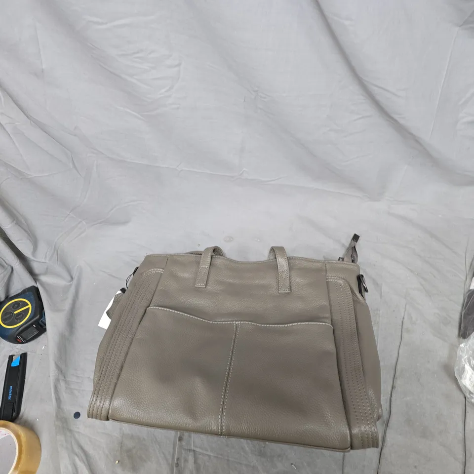 TAUPE LEATHER HANDBAG WITH TOP HANDLES AND LONG STRAP