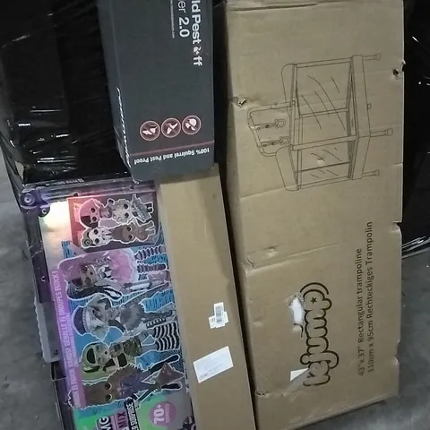 PALLET OF HOUSEHOLD ITEMS TO INCLUDE TOWEL RAIL, TRAMPOLINE, BIRD FEEDER, LIMITED ADDITION O.M.G OUTRAGEOUS MILLENNIAL GIRLS RE MIX AND OTHER ASSORTED ITEMS....
