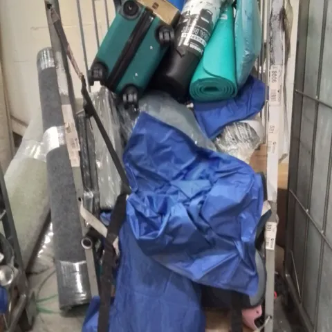 CAGE OF ASSORTED HOUSEHOLD GOODS AND PRODUCTS TO INCLUDE;SUITCASE,YOGA MATS,COOLING PILLOWS