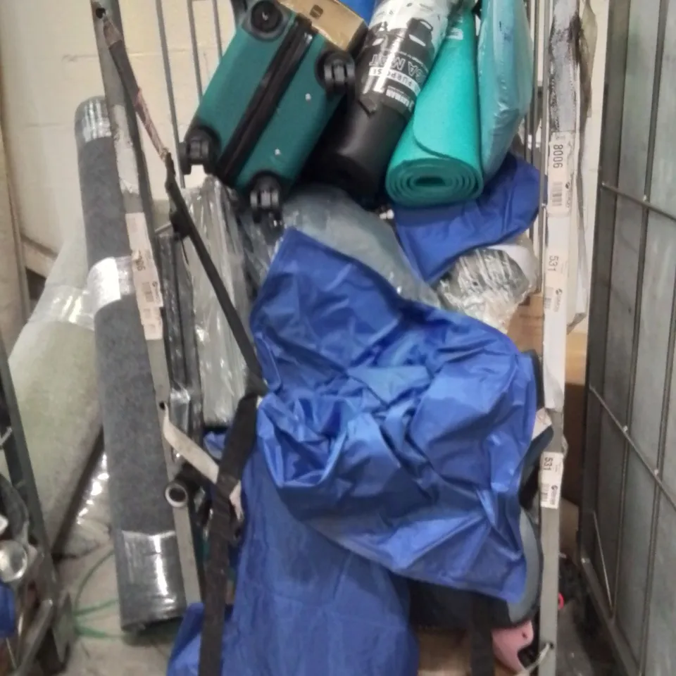 CAGE OF ASSORTED HOUSEHOLD GOODS AND PRODUCTS TO INCLUDE;SUITCASE,YOGA MATS,COOLING PILLOWS