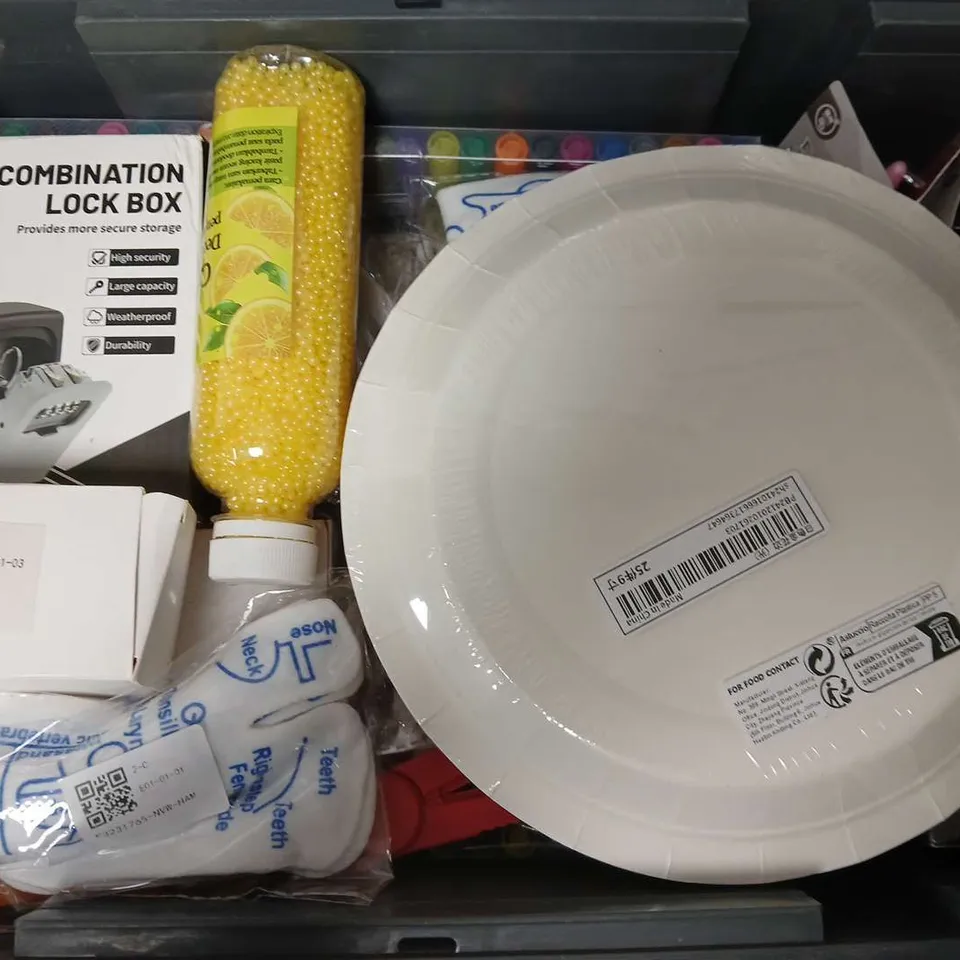 APPROXIMATELY 16 ASSORTED HOUSEHOLD ITEMS TO INCLUDE PAPER PLATES, COMBINATION LOCKBOX, SINK & DRAIN CLEANER, ETC