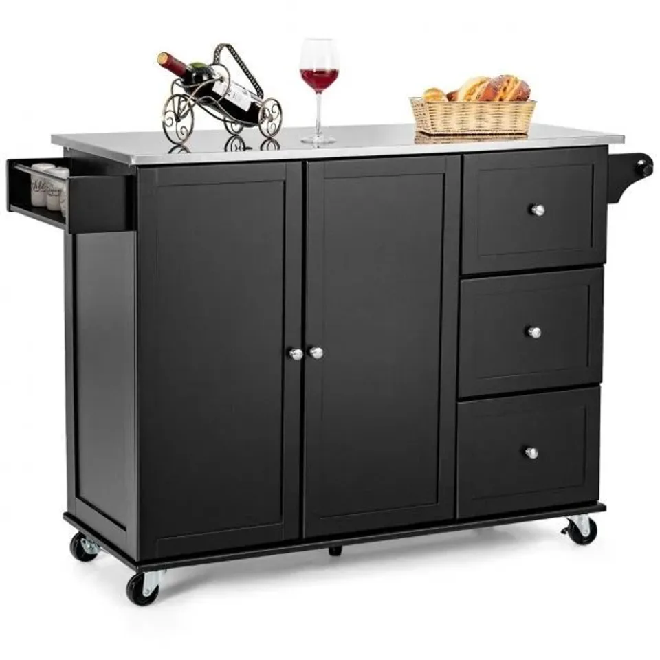 BOXED COSTWAY KITCHEN ISLAND 2-DOOR STORAGE CABINET STAINLESS STEEL TOP W/ DRAWERS - BLACK