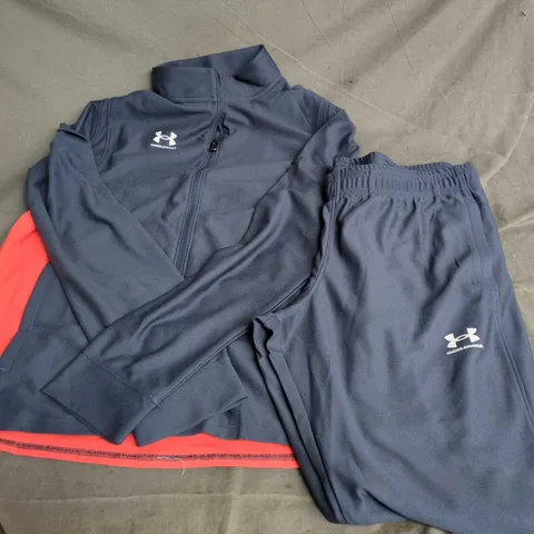 UNDER ARMOUR TRACKSUIT JACKET & JOGGERS – NAVY & ORANGE, YOUTH XL