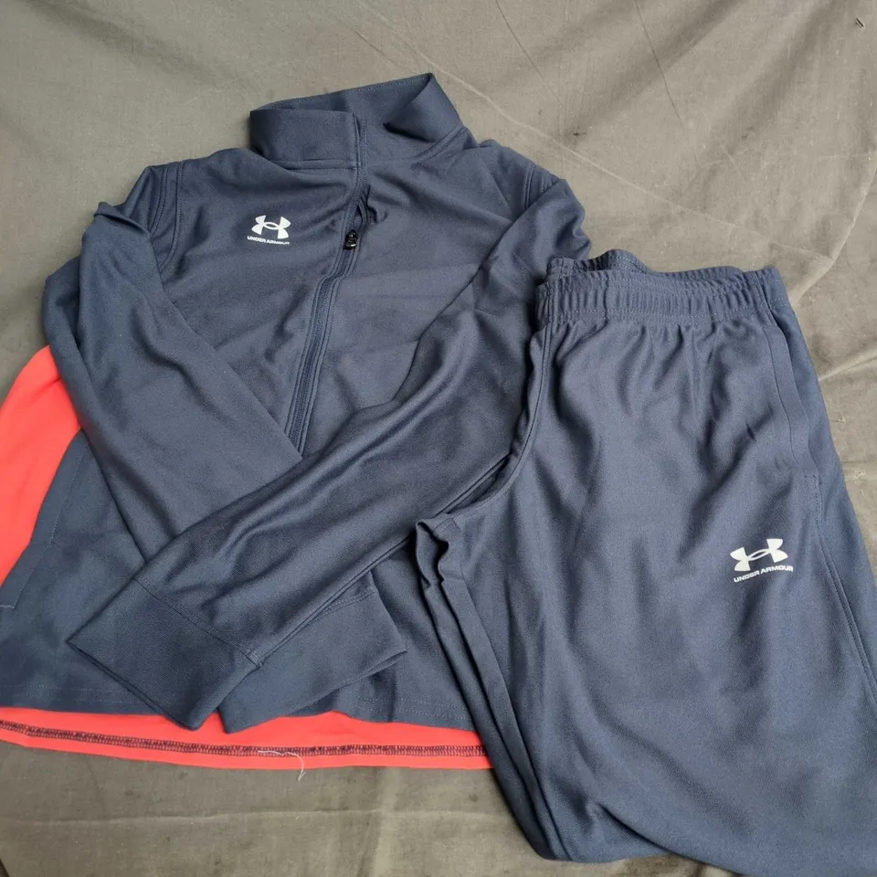 UNDER ARMOUR TRACKSUIT JACKET & JOGGERS – NAVY & ORANGE, YOUTH XL