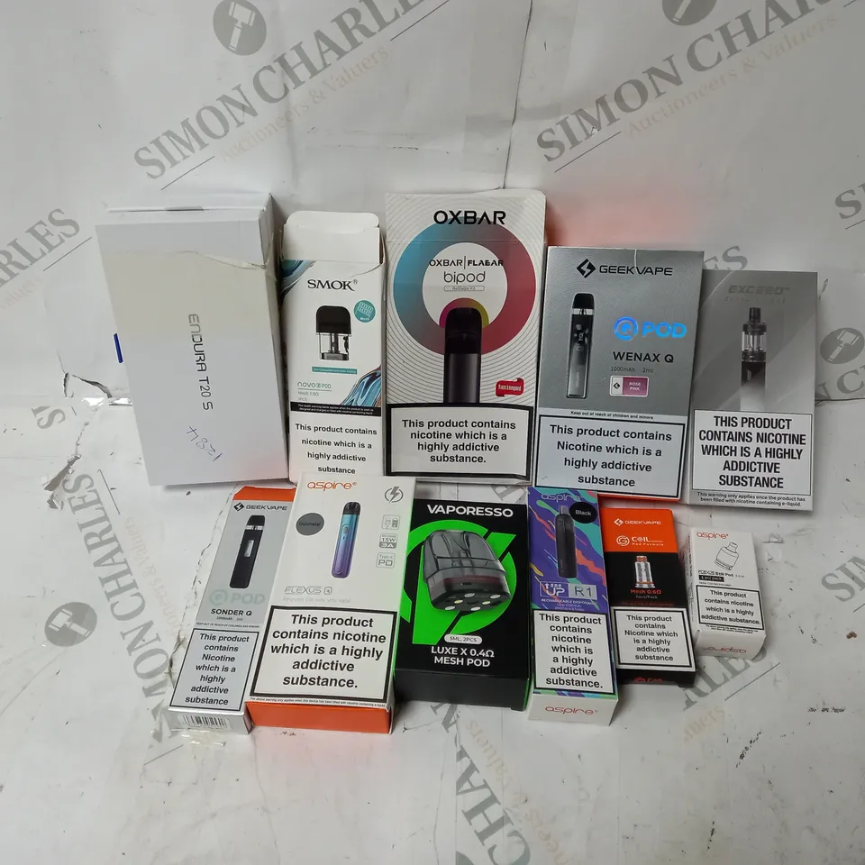 BOX OF APPROXIMATELY 10 ASSORTED E-CIG PRODUCTS TO INCLUDE GEEKVAPE, VAPORESSO, ASPIRE