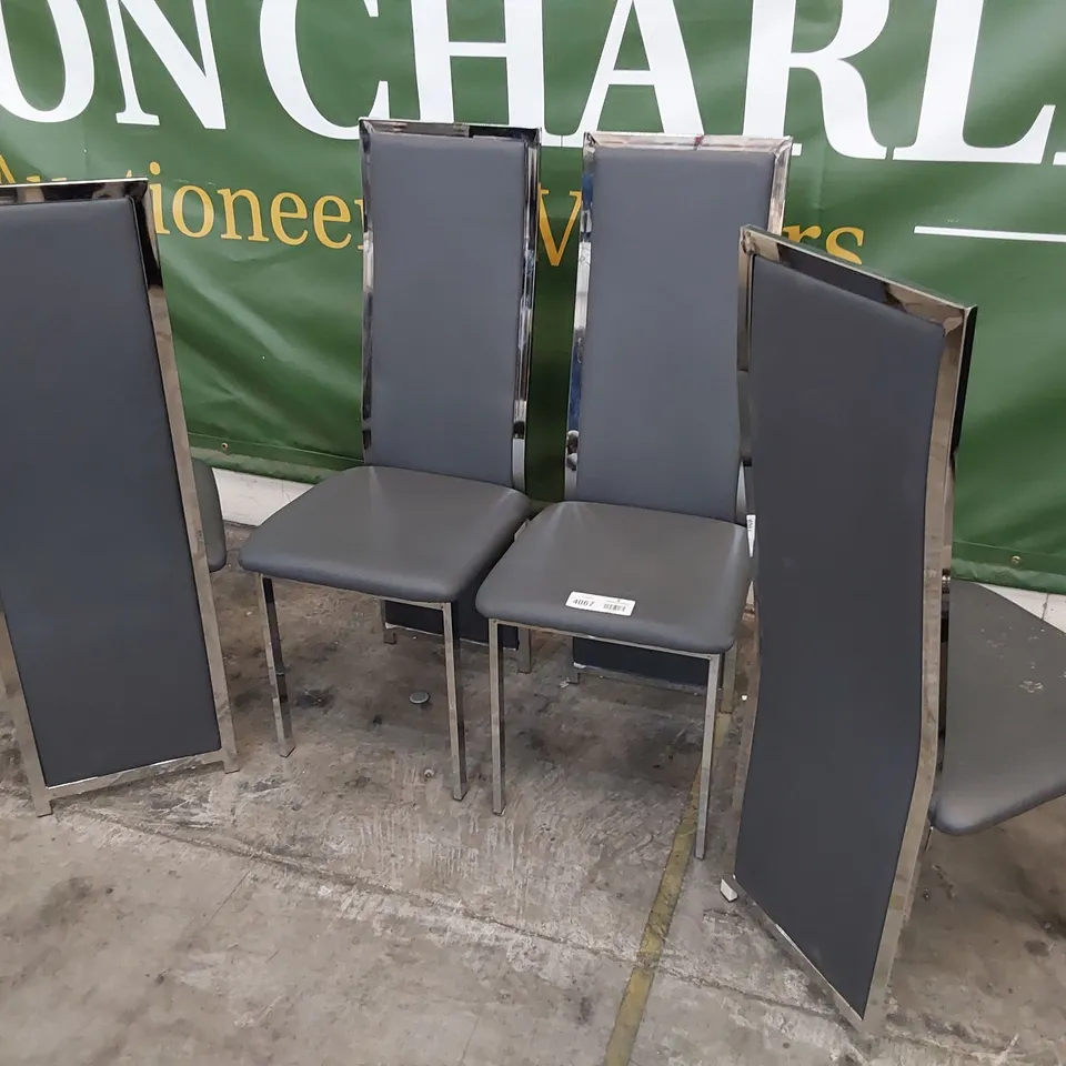 SET OF FOUR UPHOLSTERED HIGH BACK DINING CHAIRS GREY PU, CHROME FRAMES