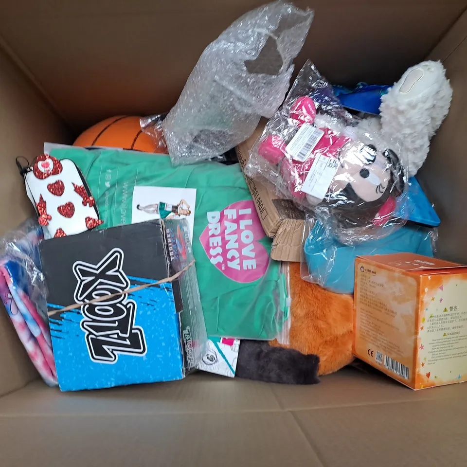 LARGE BOX OF ASSORTED TOYS AND GAMES TO INCLUDE TEDDIES, STICKER BOOKS AND FANCY DRESS