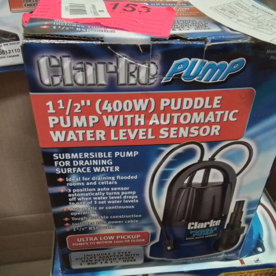 BOXED CLARKE PUMP 1 1/2 IN (400W) SUBMERSIBLE PUDDLE PUMP WITH AUTOMATIC WATER LEVEL SENSOR