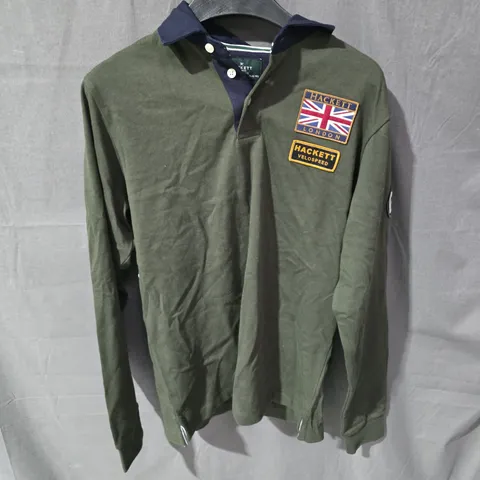 HACKETT LONDON HERITAGE POLO SHIRT – OLIVE GREEN WITH UNION JACK & VELOSPEED PATCHES, AGE 15-16 YEARS