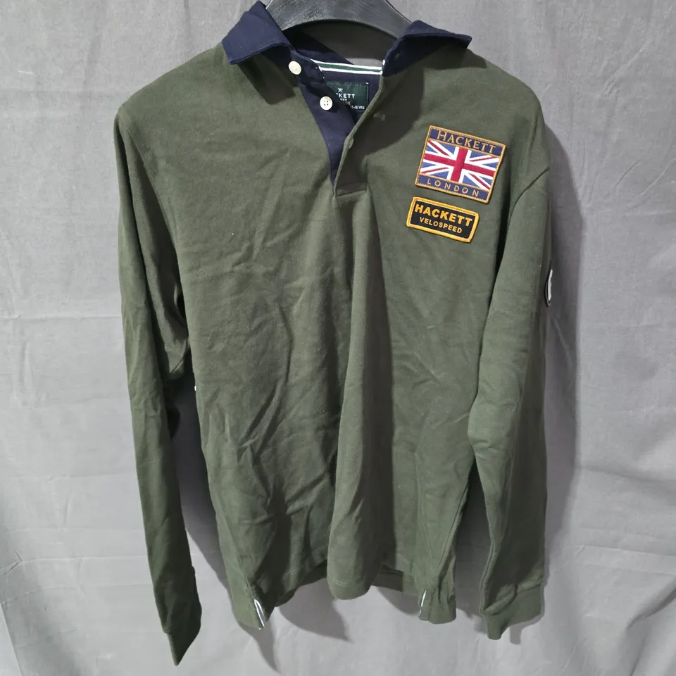 HACKETT LONDON HERITAGE POLO SHIRT – OLIVE GREEN WITH UNION JACK & VELOSPEED PATCHES, AGE 15-16 YEARS