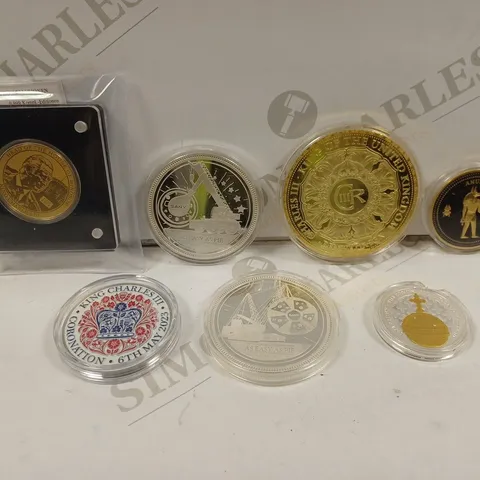 BOX TO CONTAIN 7 X ASSORTED COMMEMORATIVE COLLECTORS MEDALS. DESIGNS VARY