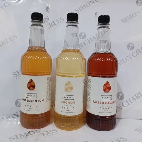 APPROXIMATELY 5 ASSORTED FOOD & DRINK ITEMS TO INCLUDE SIMPLY SALTED CARAMEL FLAVOUR SYRUP, SIMPLY EGGNOG FLAVOUR SYRUP, & SIMPLY BUTTERSCOTCH FLAVOUR SYRUP
