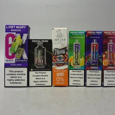 APPROXIMATELY 24 ASSORTED E-CIGARETTE PRODUCTS TO INCLUDE - LOST MARY , CRYSTAL PRIME , CRYSTAL PRIME ETC